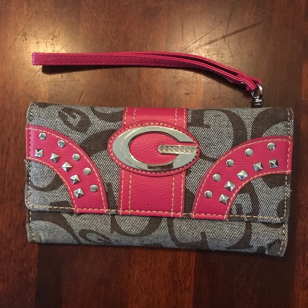 guess pink and grey bedazzled wallet